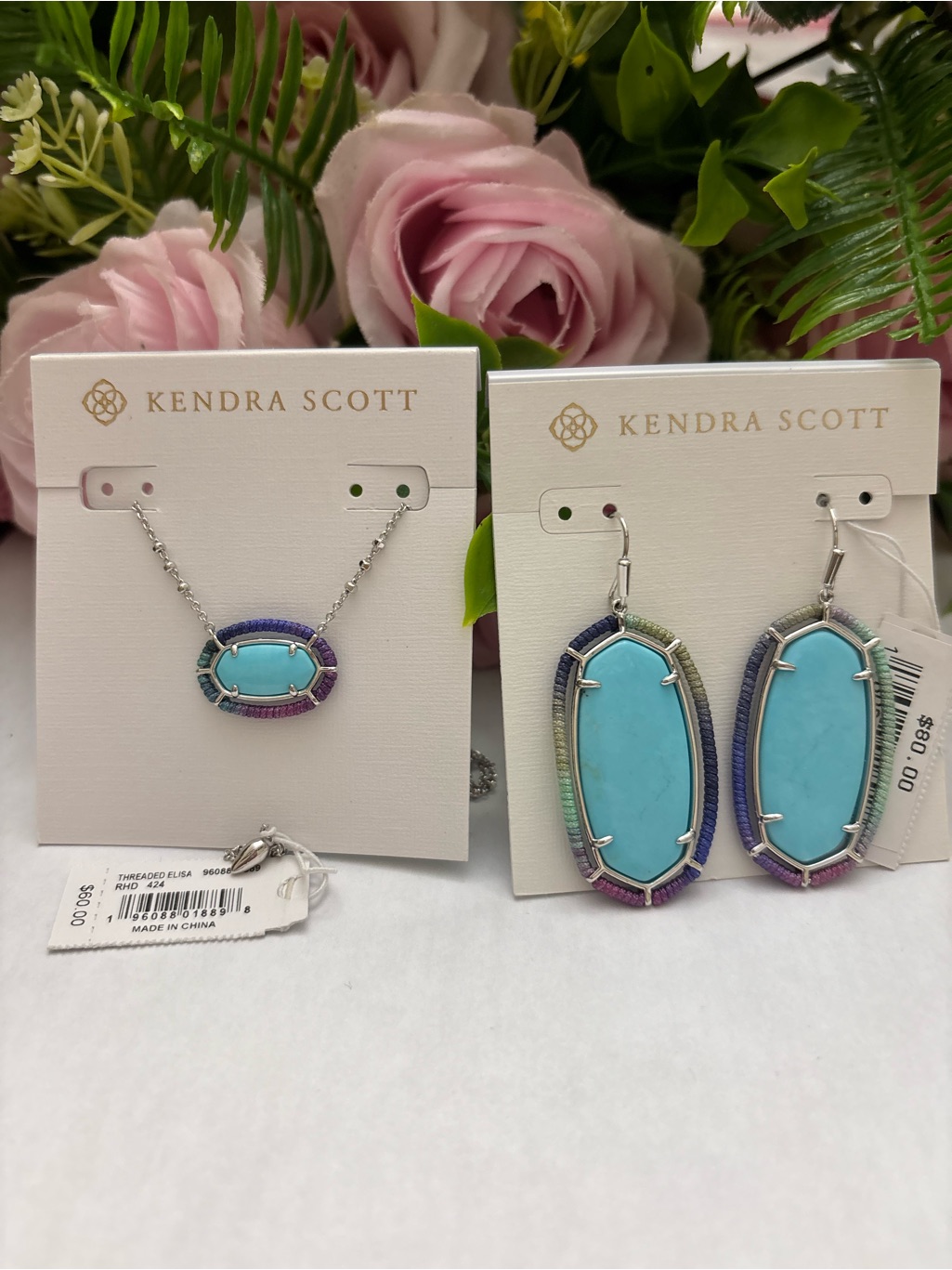 Kendra Scott Set Of Threaded Elle Earrings + Necklace In Silver Blue Mix Nwt